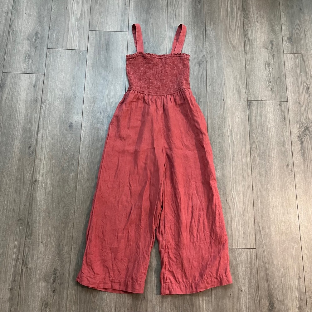 J.Crew Women XXS Red 100% Linen Smocked Wide Leg Jumpsuit Sleeveless Pockets